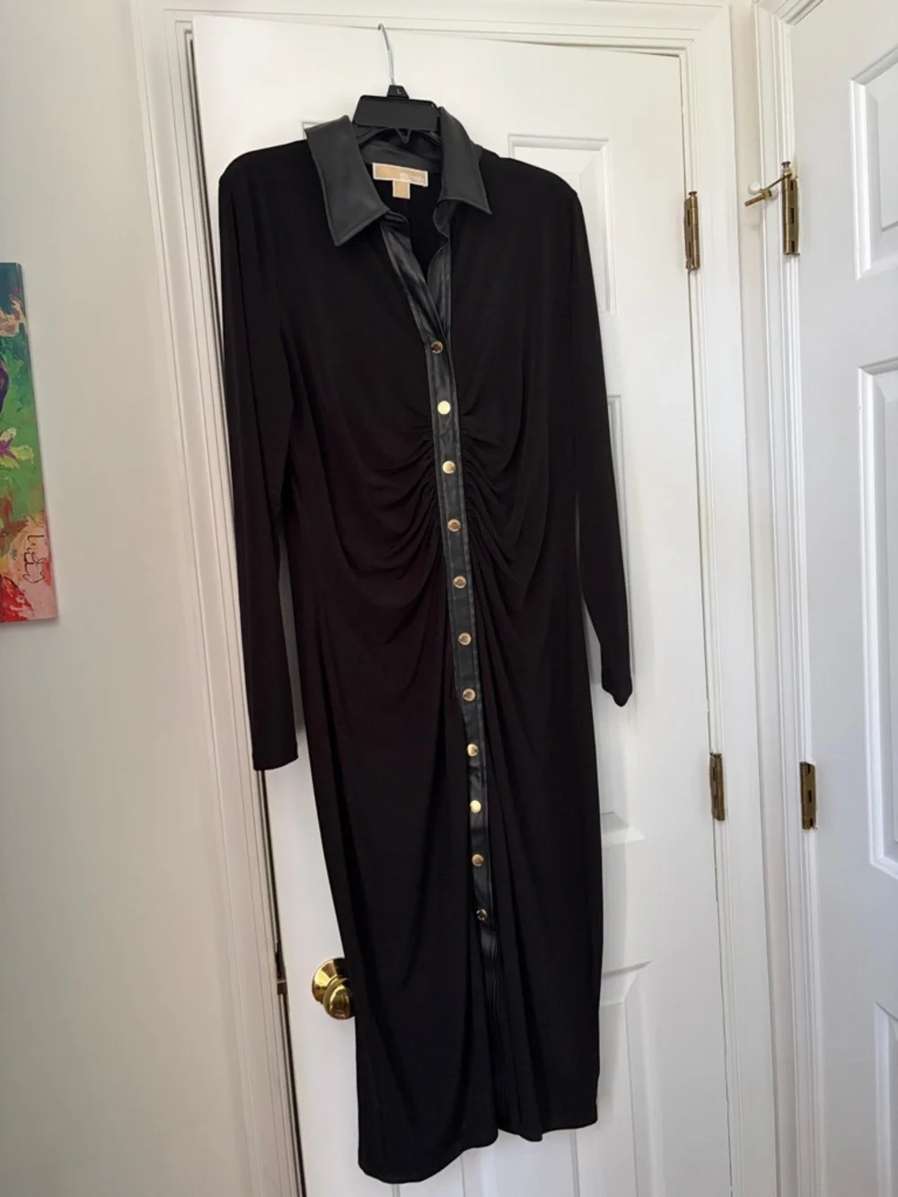 Michael Kors Black Long-Sleeve Button-Front Dress with Faux Leather Trim - Picture 1 of 1